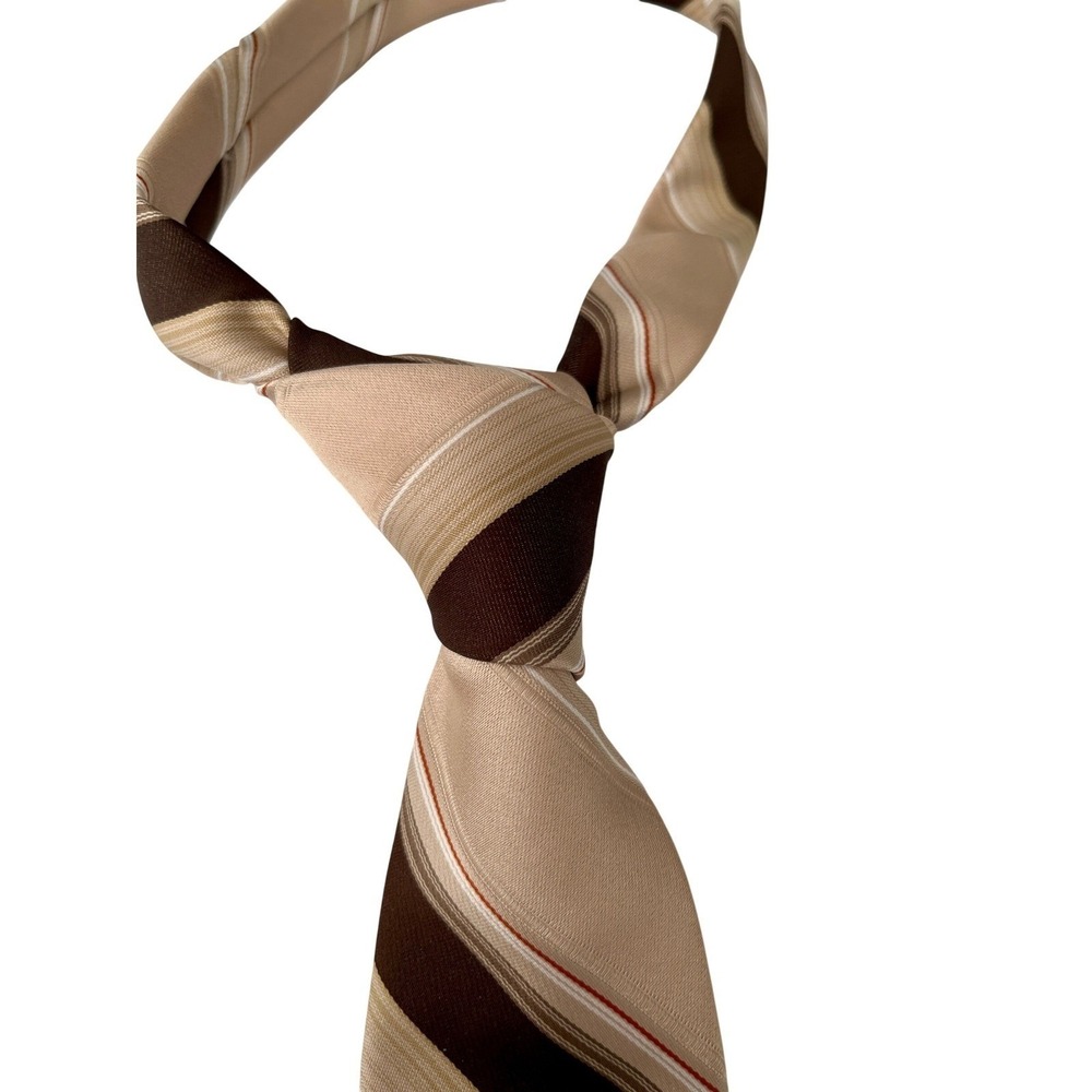 70's The Mens Shop JCPenney Necktie Brown Tan Striped Polyester Vintage Tie